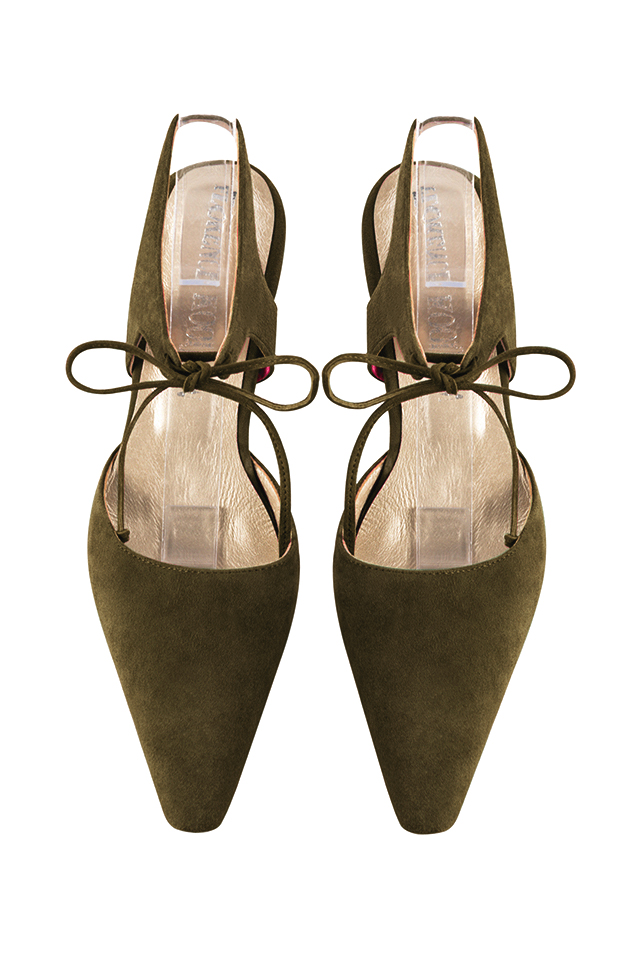 Women's khaki green elegant closed-toe heels, with an instep strap. Tapered toe. Medium spool heels - Top view